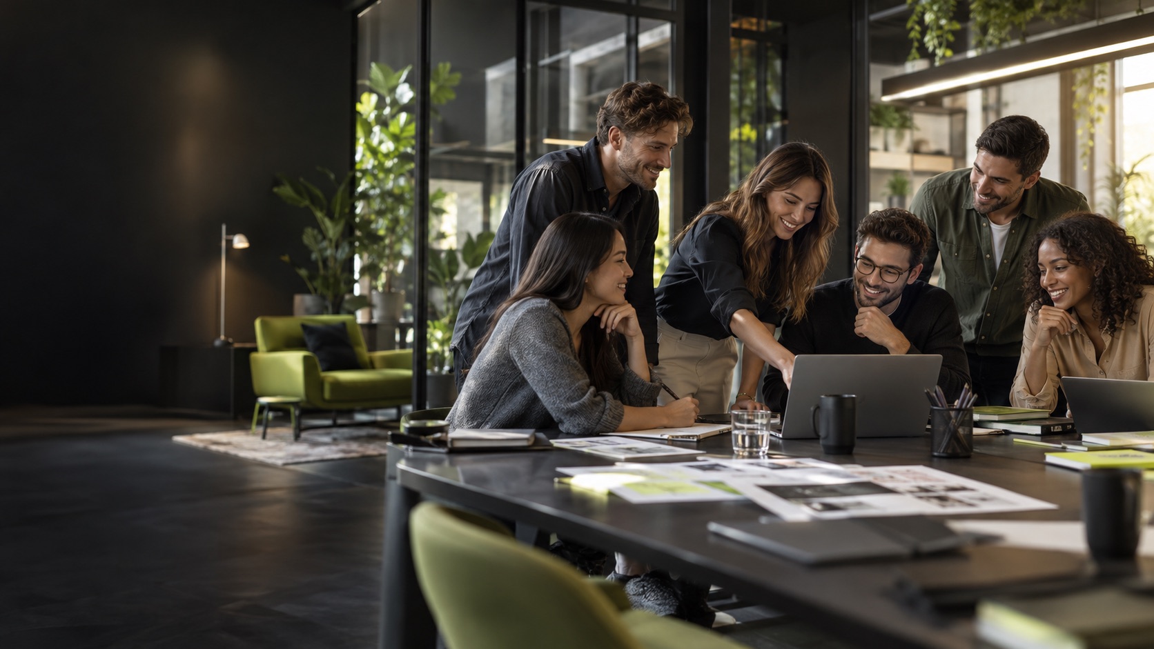 Escena ilustrativa de profesionales de distintos orígenes colaborando en un espacio de coworking.